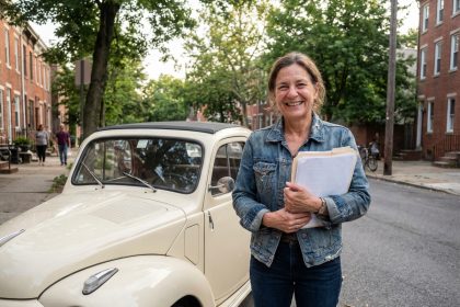 Femme souriante avec documents à côté d'une Fiat Topolino