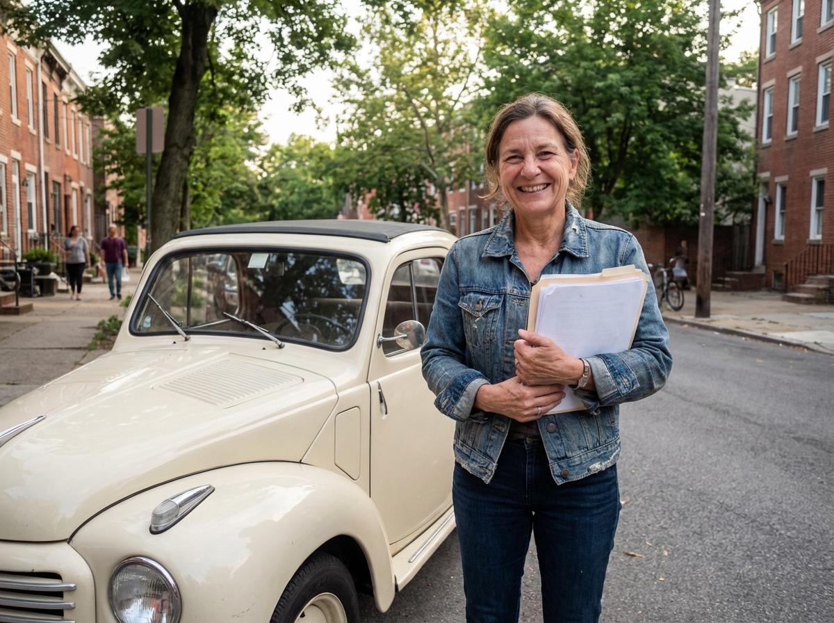 Femme souriante avec documents à côté d'une Fiat Topolino