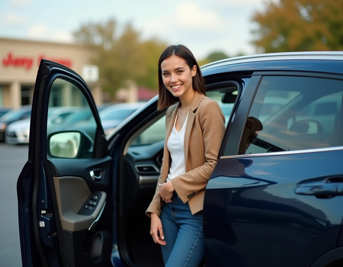 Femme comparant l'intérieur d'un SUV compact bleu marine dans un parking, guide achat voiture 2026