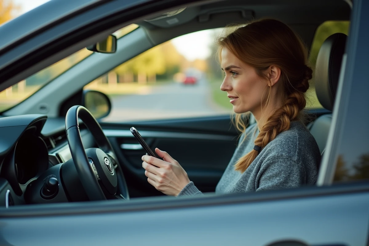 Femme assise dans une Toyota Corolla hybride comparant les coûts mensuels d'une LLD sur son smartphone