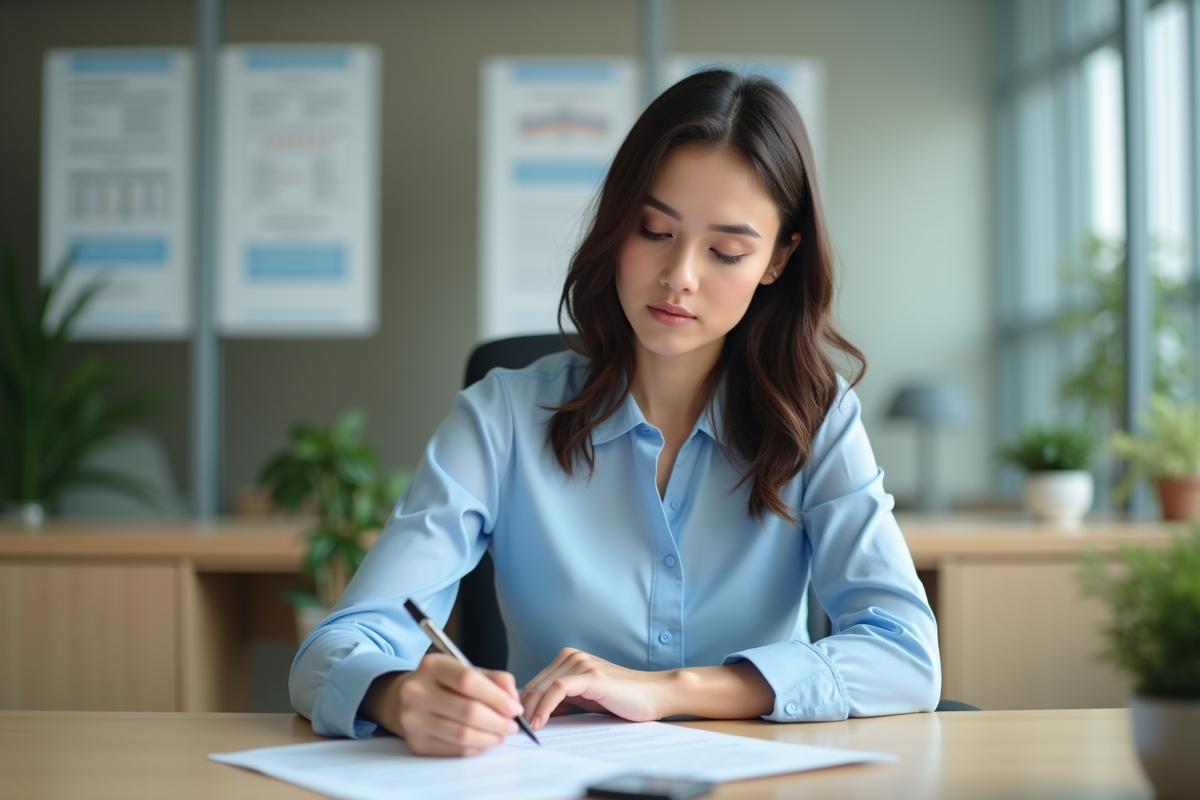 Jeune femme en blouse bleue remplissant des papiers dans un bureau moderne