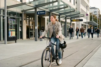 Femme avec un vélo à l'entrée d'une station de tramway T5 en milieu urbain