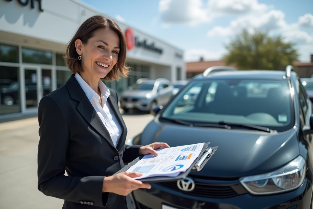 Femme d affaires devant une voiture en concession