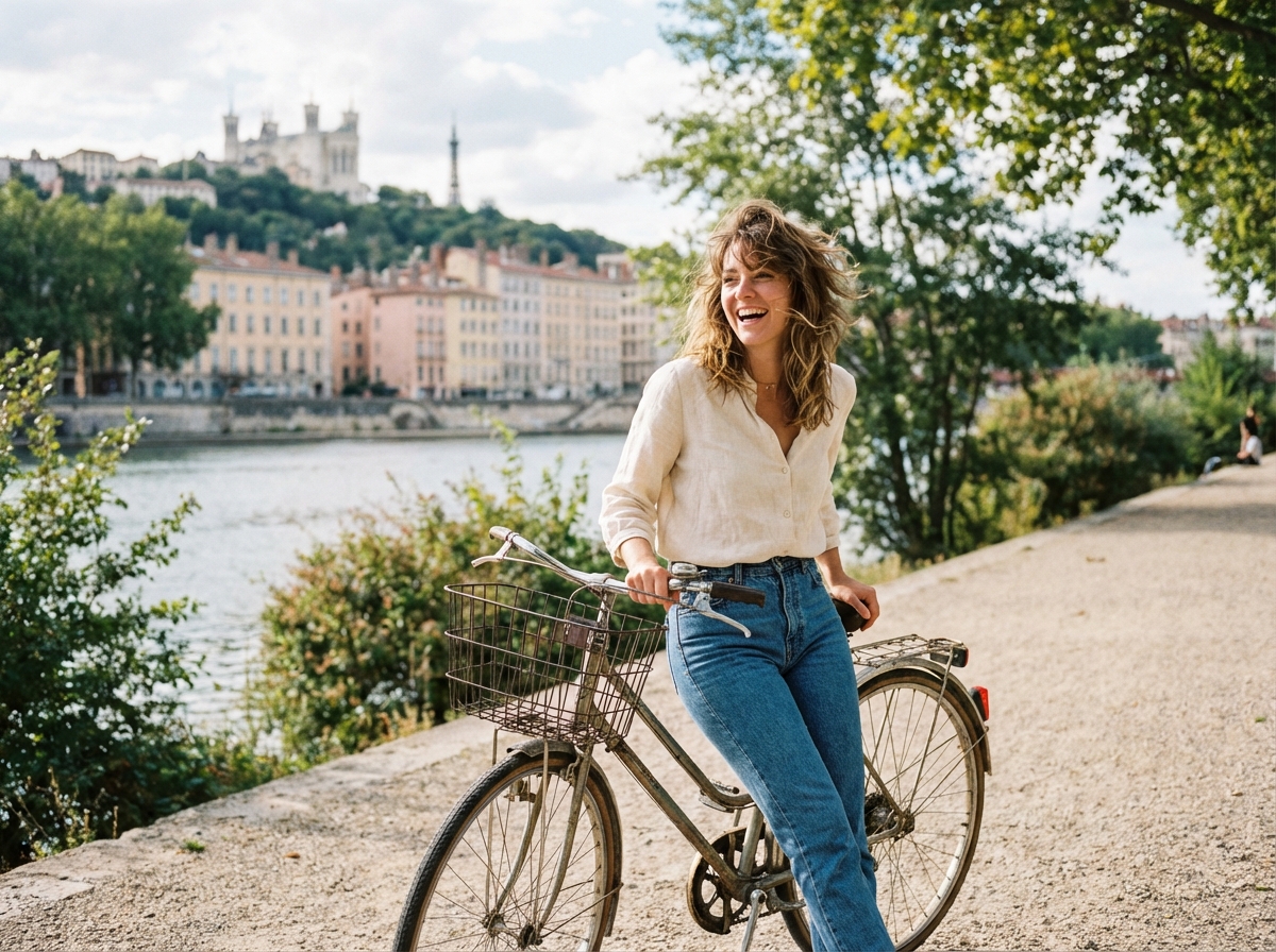 Jeune femme souriante à vélo près du Rhône à Lyon