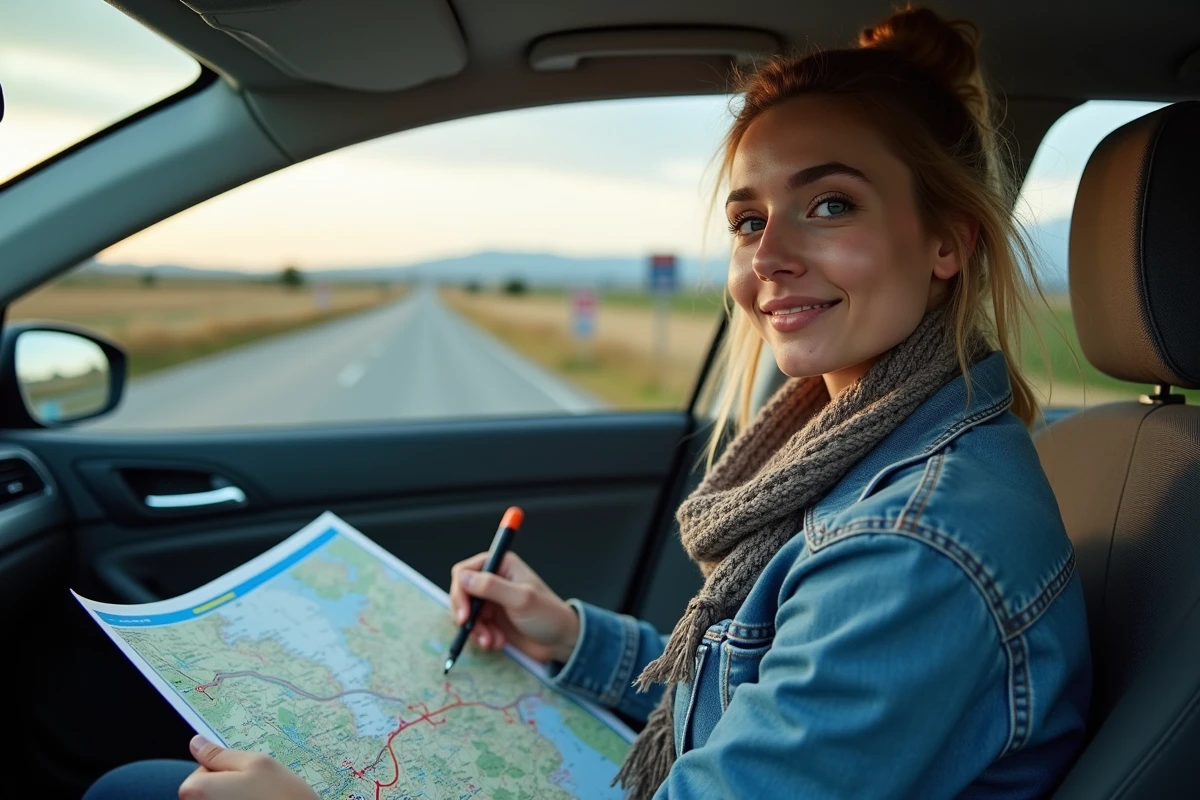 Jeune femme avec carte autoroute dans sa voiture