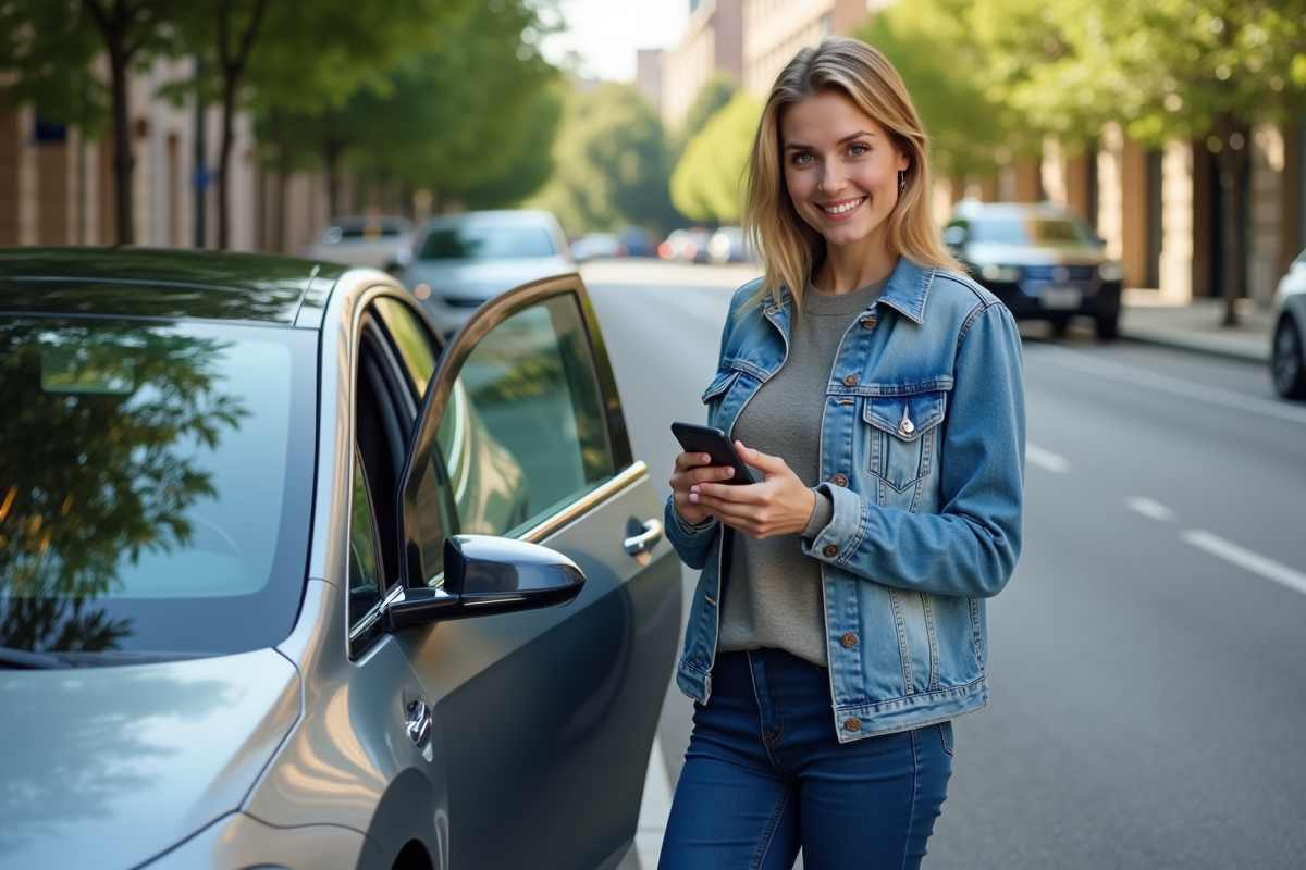 Femme souriante devant une voiture électrique en ville