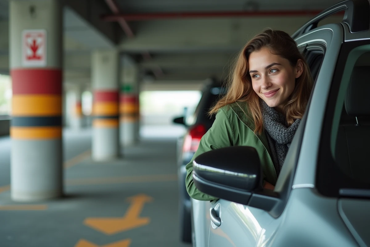 Jeune femme souriante regardant un panneau de hauteur dans un parking