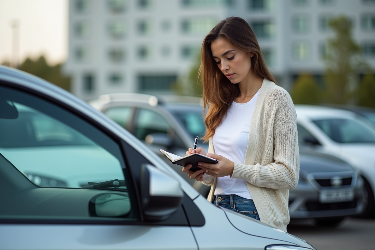 Jeune femme vérifiant le compteur de sa voiture dans un parking