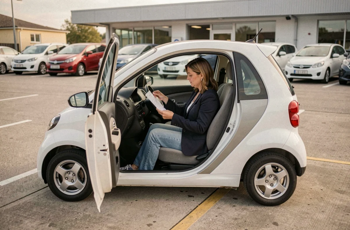 Femme assise dans une voiture sans permis 4 places chez un concessionnaire de véhicules d'occasion consultant un contrat