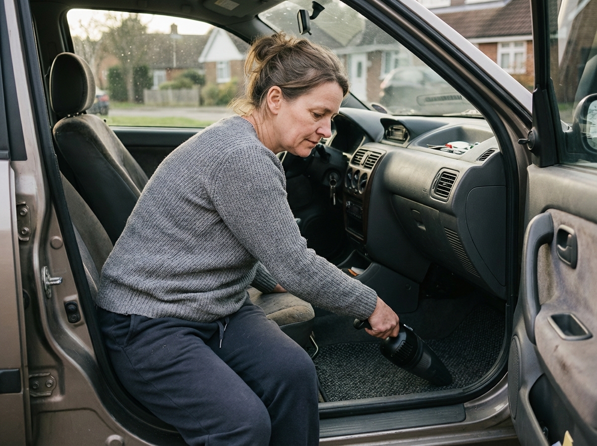 Femme aspirant un tapis de voiture à l’intérieur