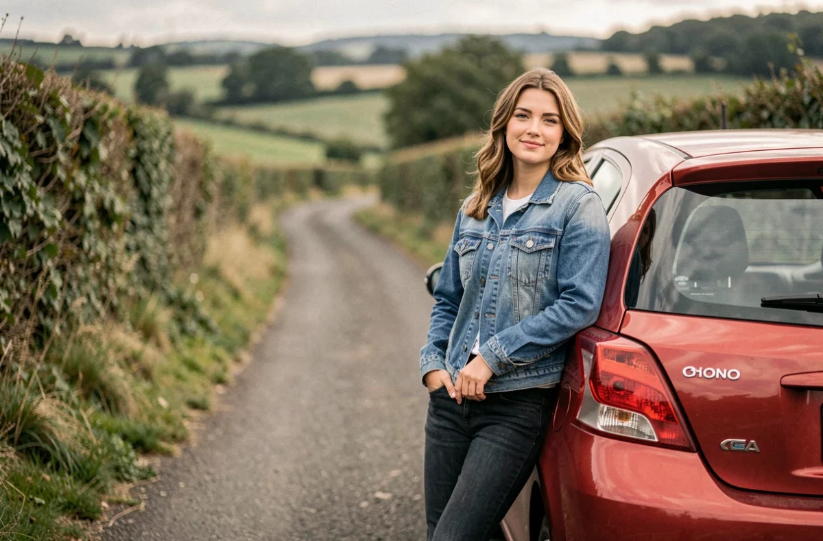 Jeune femme appuyée contre une Toyota Yaris Sport rouge sur une route de campagne française, ambiance lifestyle automobile
