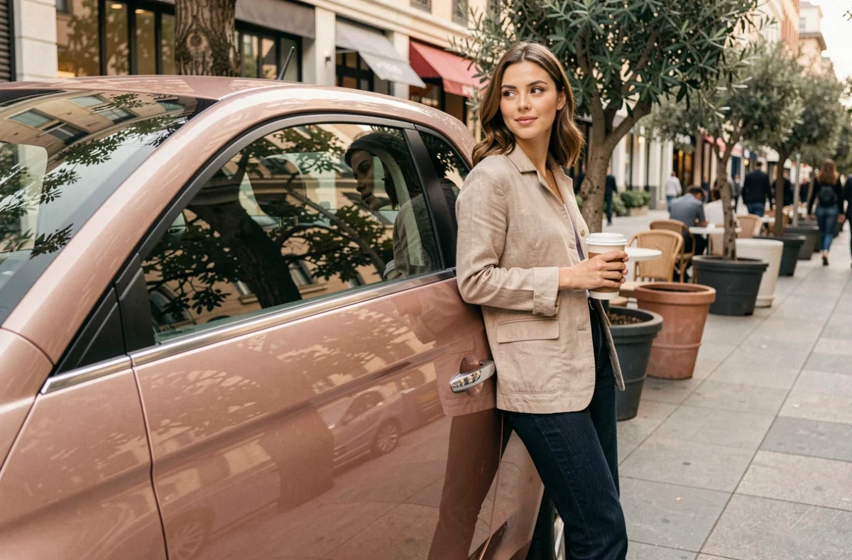 Femme appuyée contre la portière d'une Fiat 500 rose gold devant un café urbain, ambiance lifestyle et propriétaire réelle