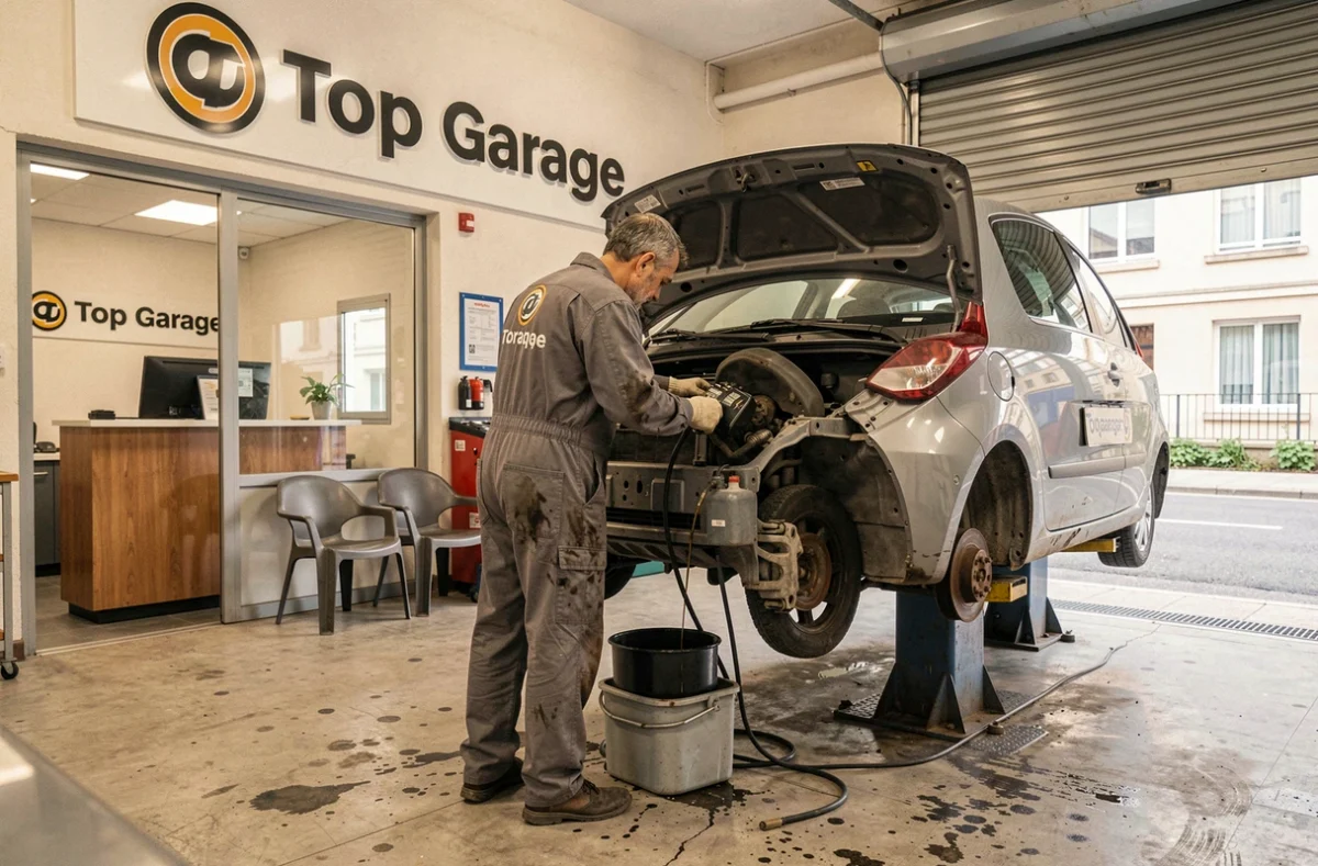 Mécanicien du réseau Top Garage effectuant une vidange sur un véhicule dans le Garage de Bagnolet aux portes de Paris