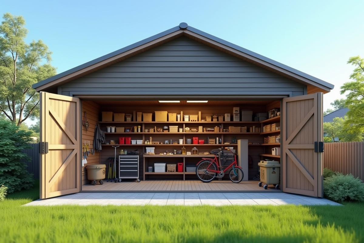 Garage extérieur ouvert avec rangements et jardin verdoyant