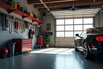 Garage moderne organisé avec voiture et outils sur mur