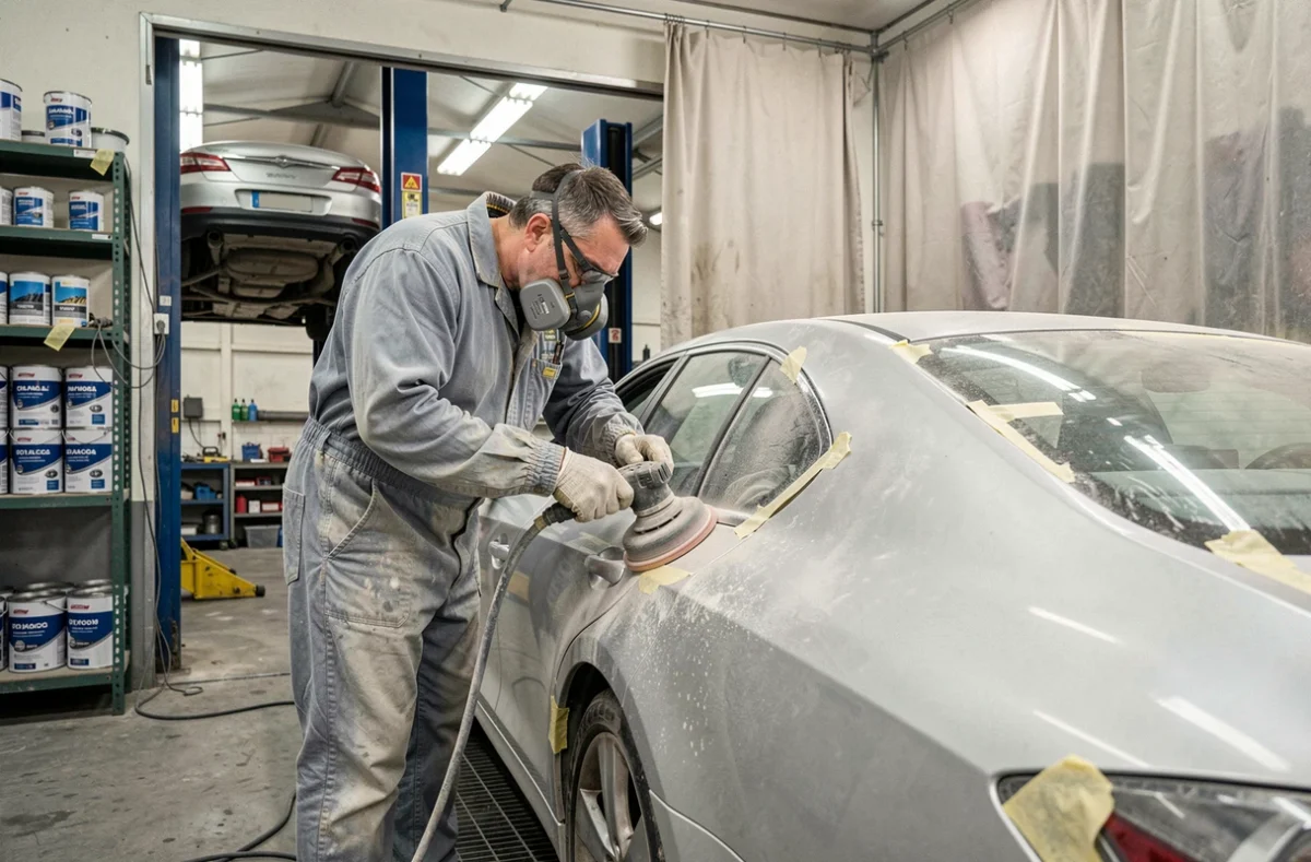 Technicien carrossier ponçant la carrosserie d'une voiture dans l'atelier combiné mécanique et carrosserie du Garage Poniatowski à Paris