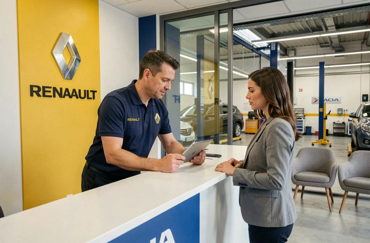 Conseiller Renault et client à l'accueil du Garage Saint Georges agréé Renault et Dacia à Paris