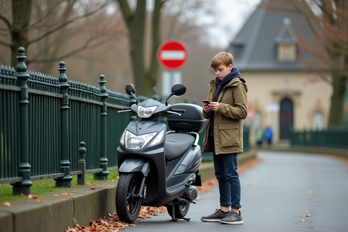 Garçon français consulte son téléphone près du scooter