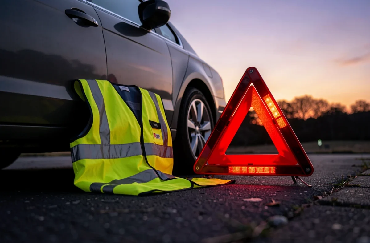 Gilet de sécurité et triangle de présignalisation posés au bord de la route