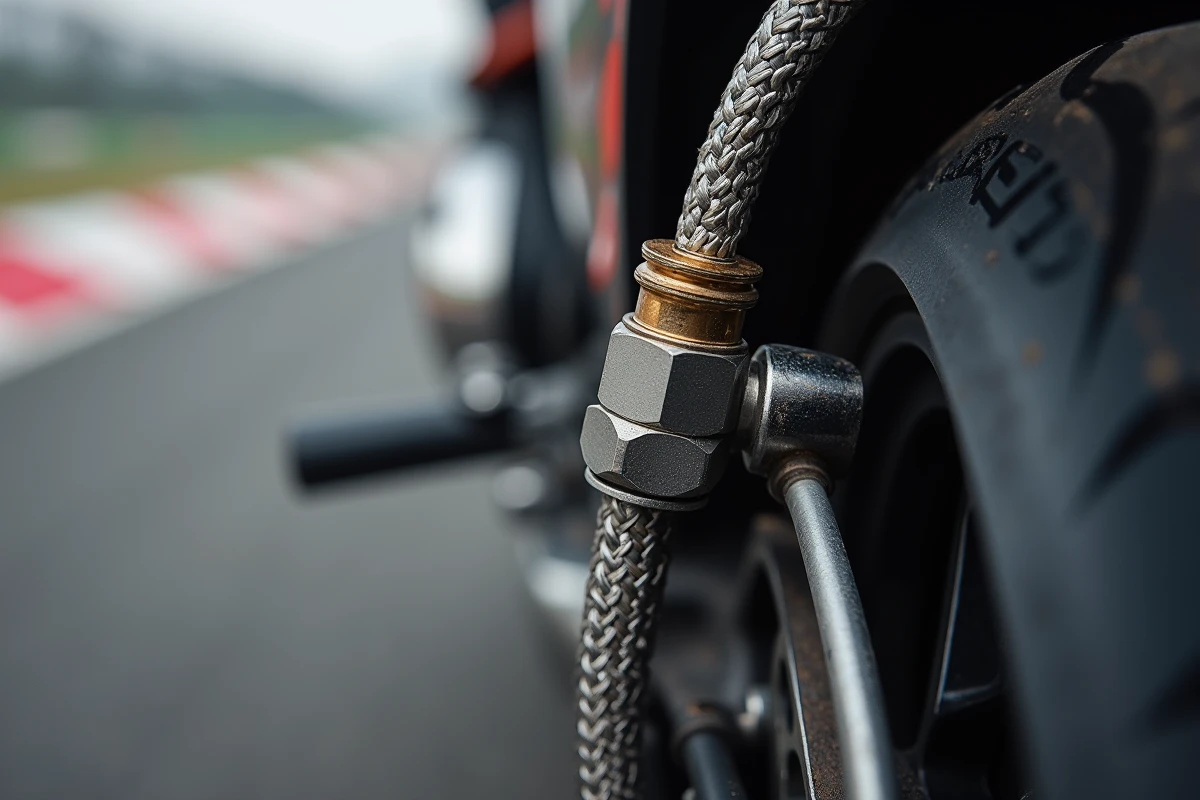 Gros plan sur une durite aviation tressée en acier montée sur un étrier de frein de moto sur circuit