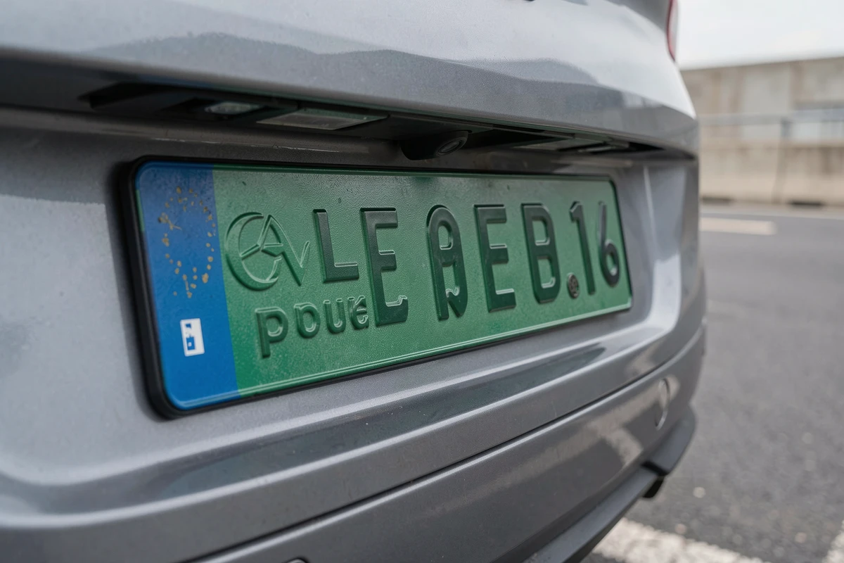 Gros plan sur une plaque d'immatriculation verte de véhicule électrique français dans une aire d'autoroute