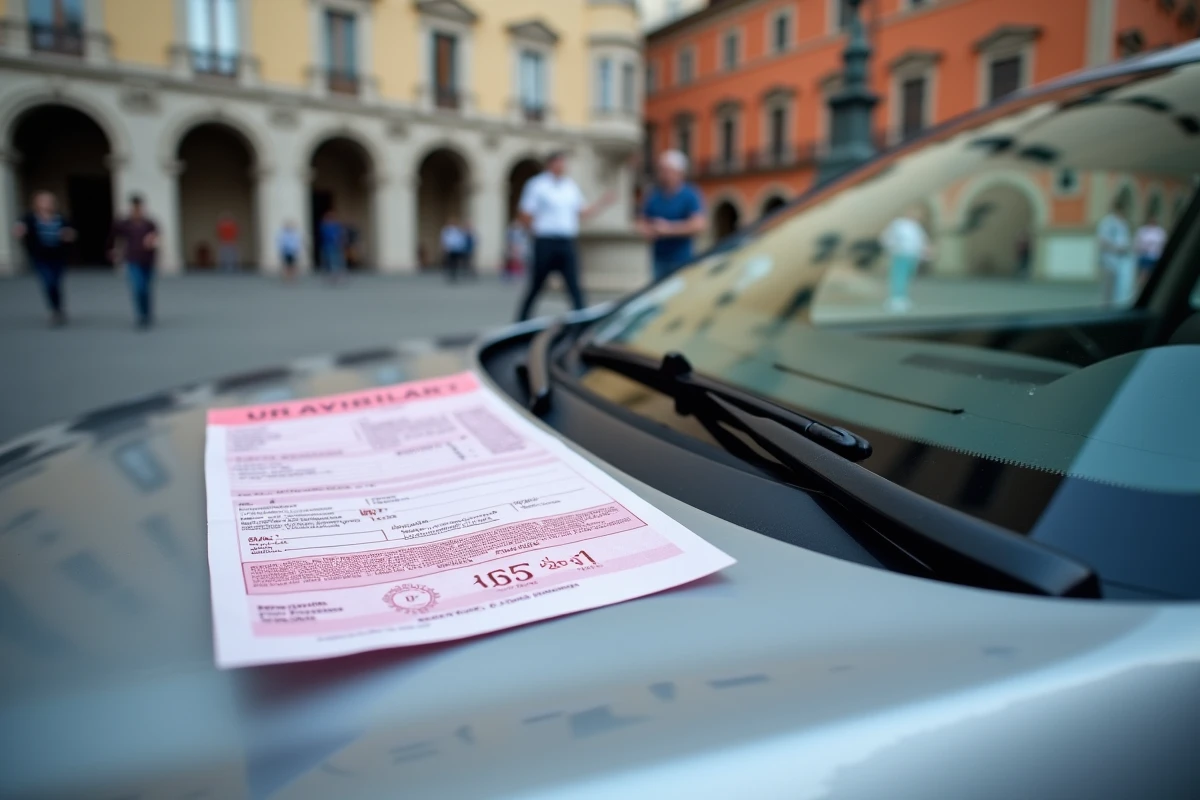 Gros plan d'un procès-verbal de contravention italienne glissé sous un essuie-glace dans une piazza