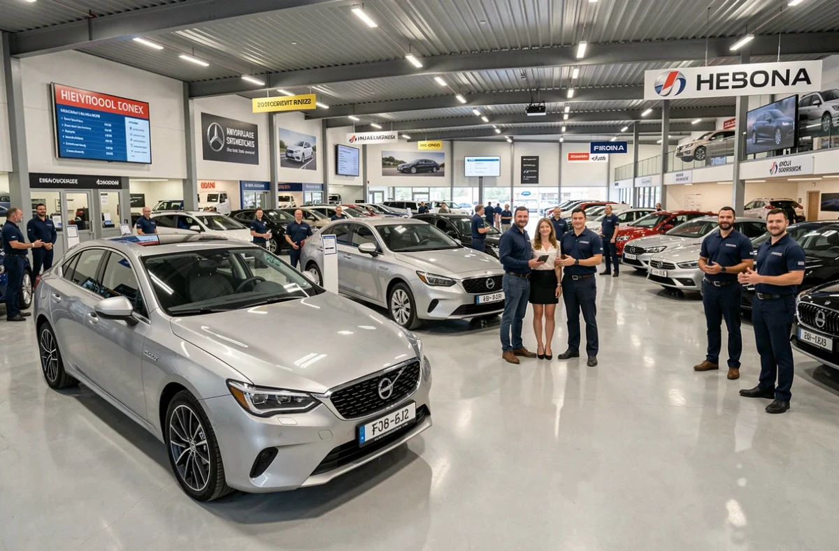 Vaste showroom multimarque du Groupe BYmyCAR Nord avec des véhicules de plusieurs constructeurs, des écrans numériques et une équipe de conseillers en uniforme accueillant des clients