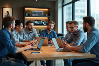 Groupe de jeunes adultes discutant voitures dans un bureau moderne