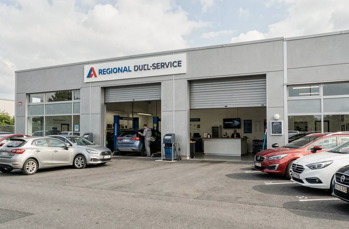 Installation multiservices du Groupe Dufour en région Hauts-de-France montrant un espace de vente de véhicules neufs et d'occasion ainsi qu'un atelier de réparation avec un mécanicien au travail