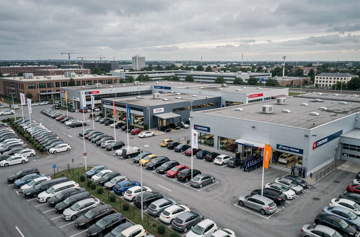 Vue d'ensemble du complexe multisite du Groupe Dugardin dans la métropole lilloise avec plusieurs showrooms, drapeaux de marques et un vaste parc de véhicules