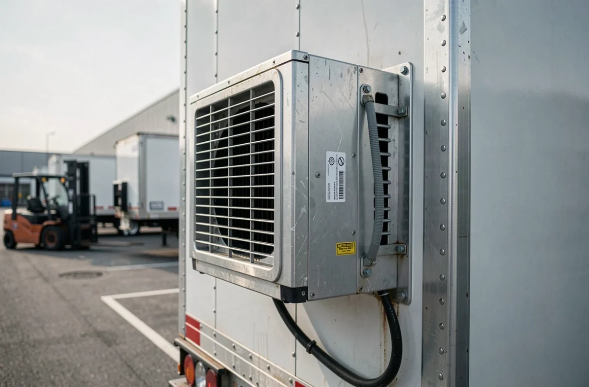 Groupe frigorifique en gros plan sur remorque isotherme dans un centre de distribution logistique