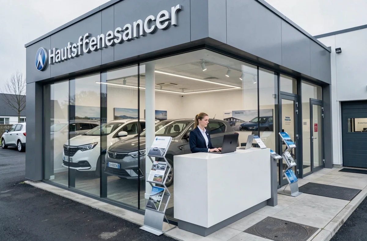 Succursale officielle du Groupe Stellantis Retail Hauts-de-France avec facade contemporaine à logo constructeur, showroom vitré et réceptionniste en uniforme à l'accueil