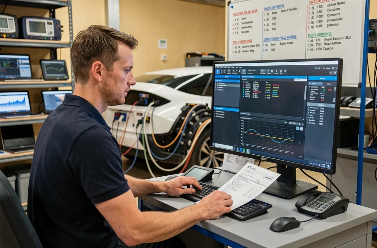 Spécialiste en diagnostic automobile analysant les données techniques d'un véhicule sur ordinateur dans l'atelier GZR Auto à Paris