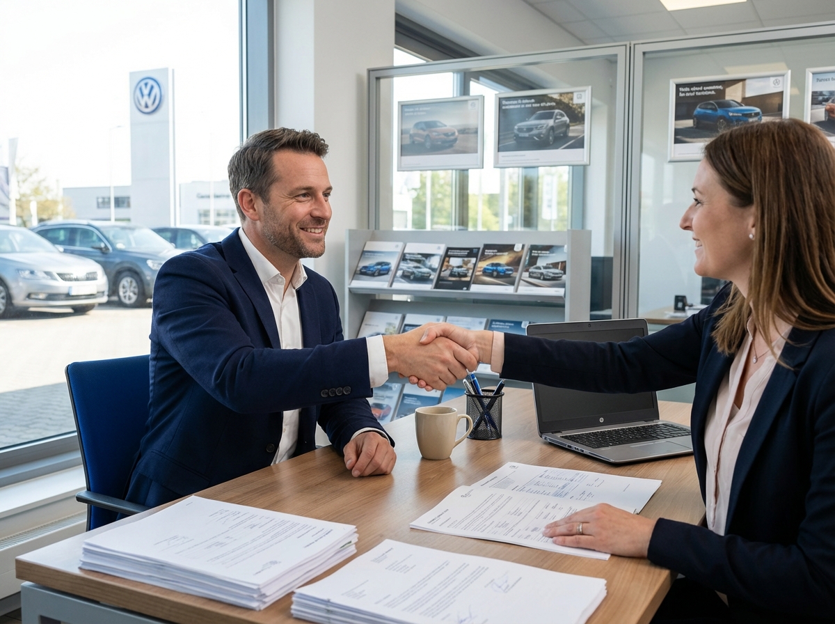 Homme d'affaires en blazer serrant la main d'une agente automobile