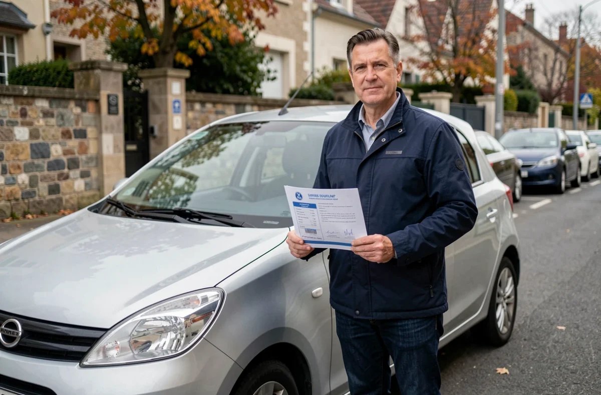Homme tenant une attestation d'assurance au tiers devant sa voiture dans une rue résidentielle française