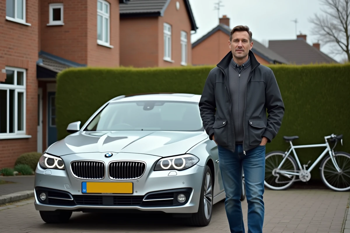 Homme debout à côté d'une BMW série 5 argentée dans une rue résidentielle
