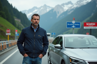 Homme devant sa voiture au poste frontière suisse