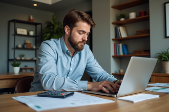 Homme concentré calculant impôts voiture à la maison