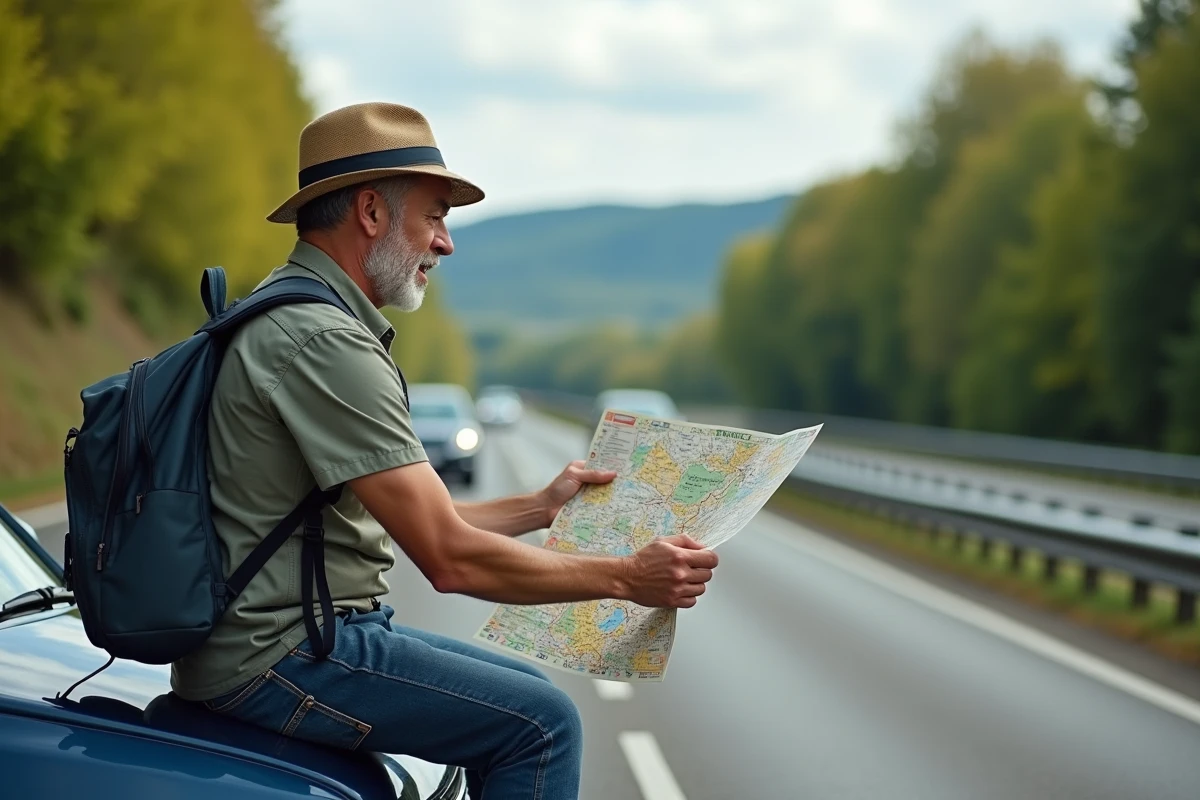 Homme d'âge moyen consulte une carte autoroute en voyage