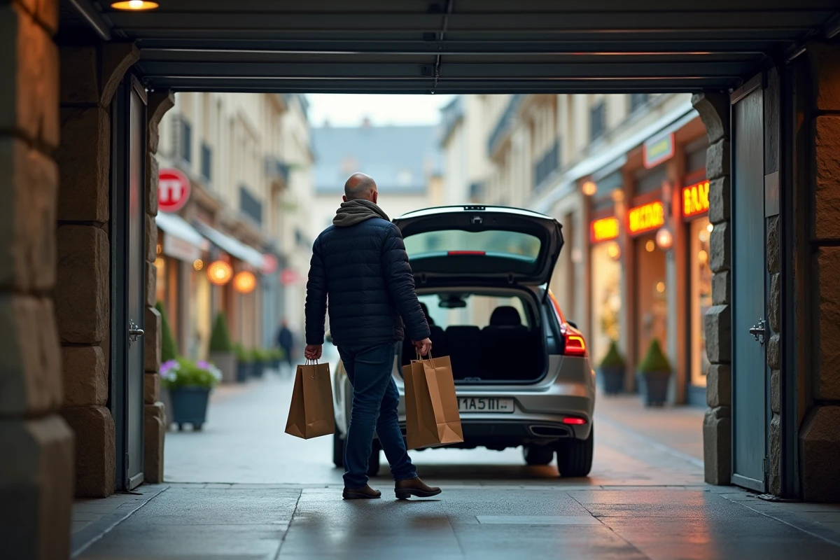 Homme déchargeant ses courses dans un parking intérieur à Colmar