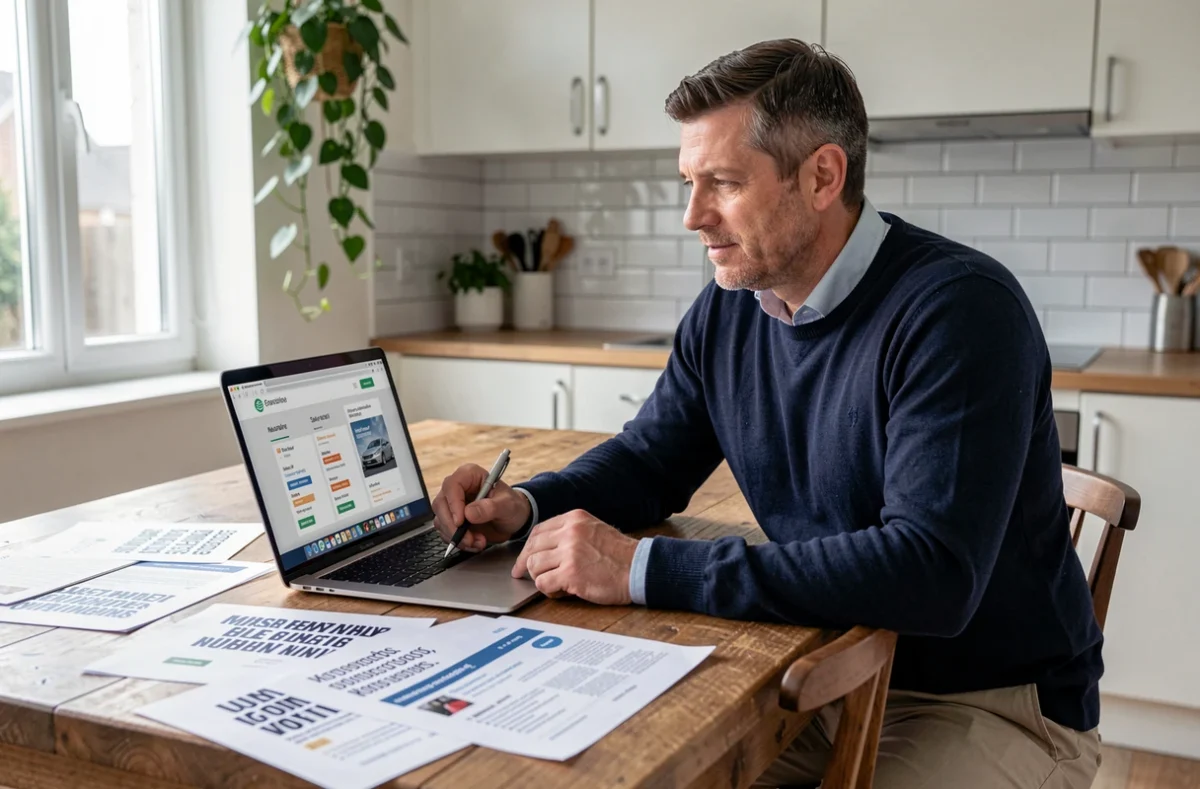 Homme comparant les prix d'assurance auto tiers et tous risques sur un comparateur en ligne depuis sa cuisine