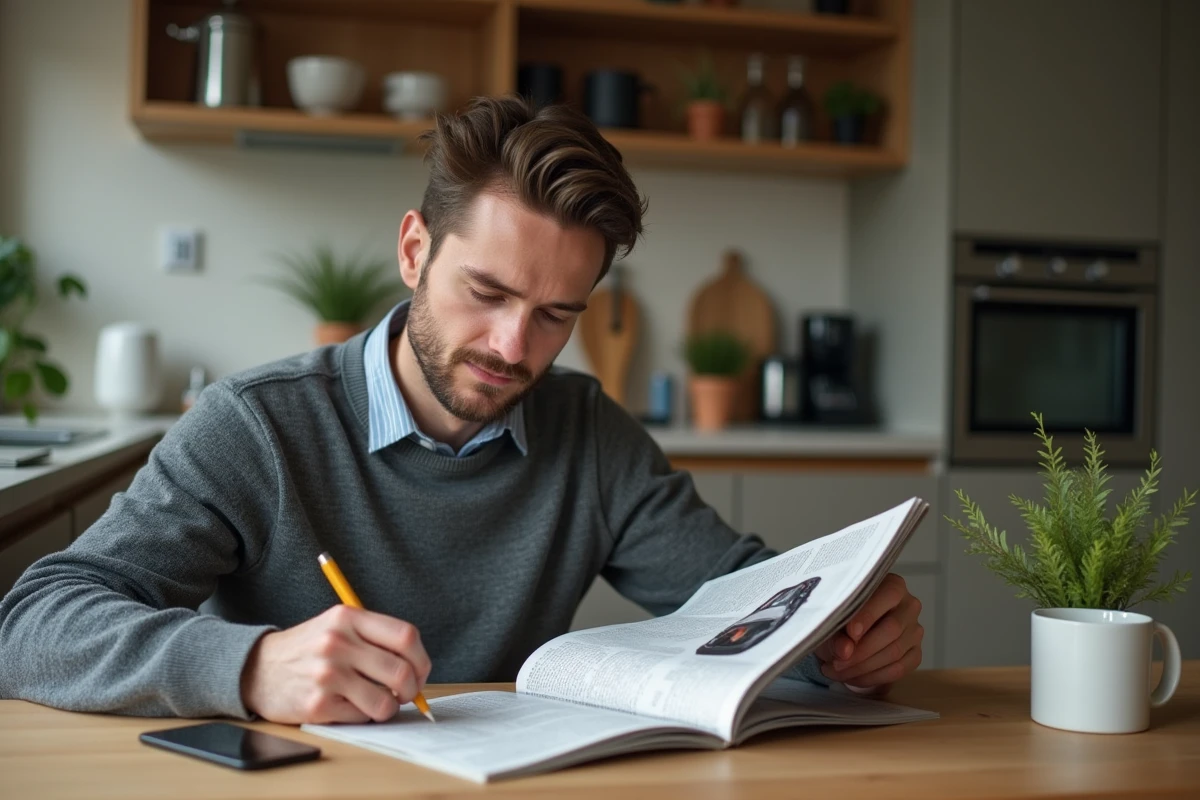 Homme détendu remplissant un puzzle dans la cuisine