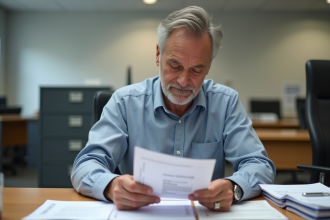 Homme d'âge moyen examinant un permis de conduire dans un bureau moderne