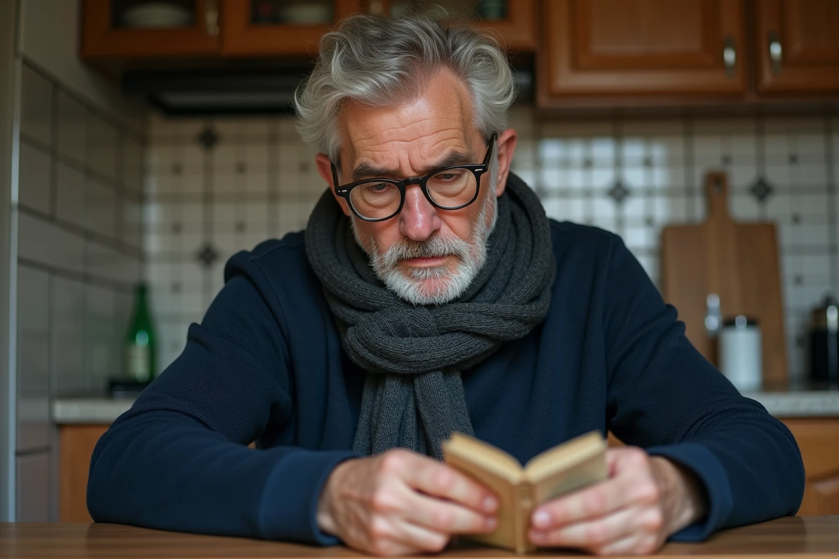 Homme français examine un vieux permis de conduire dans la cuisine