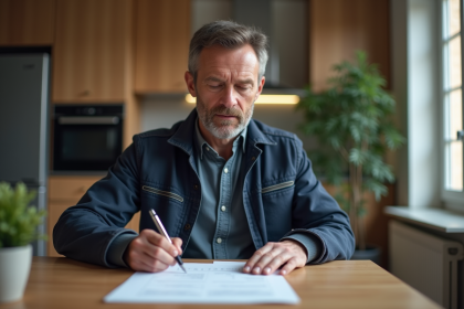 Homme français concentré remplissant un papier d'assurance voiture