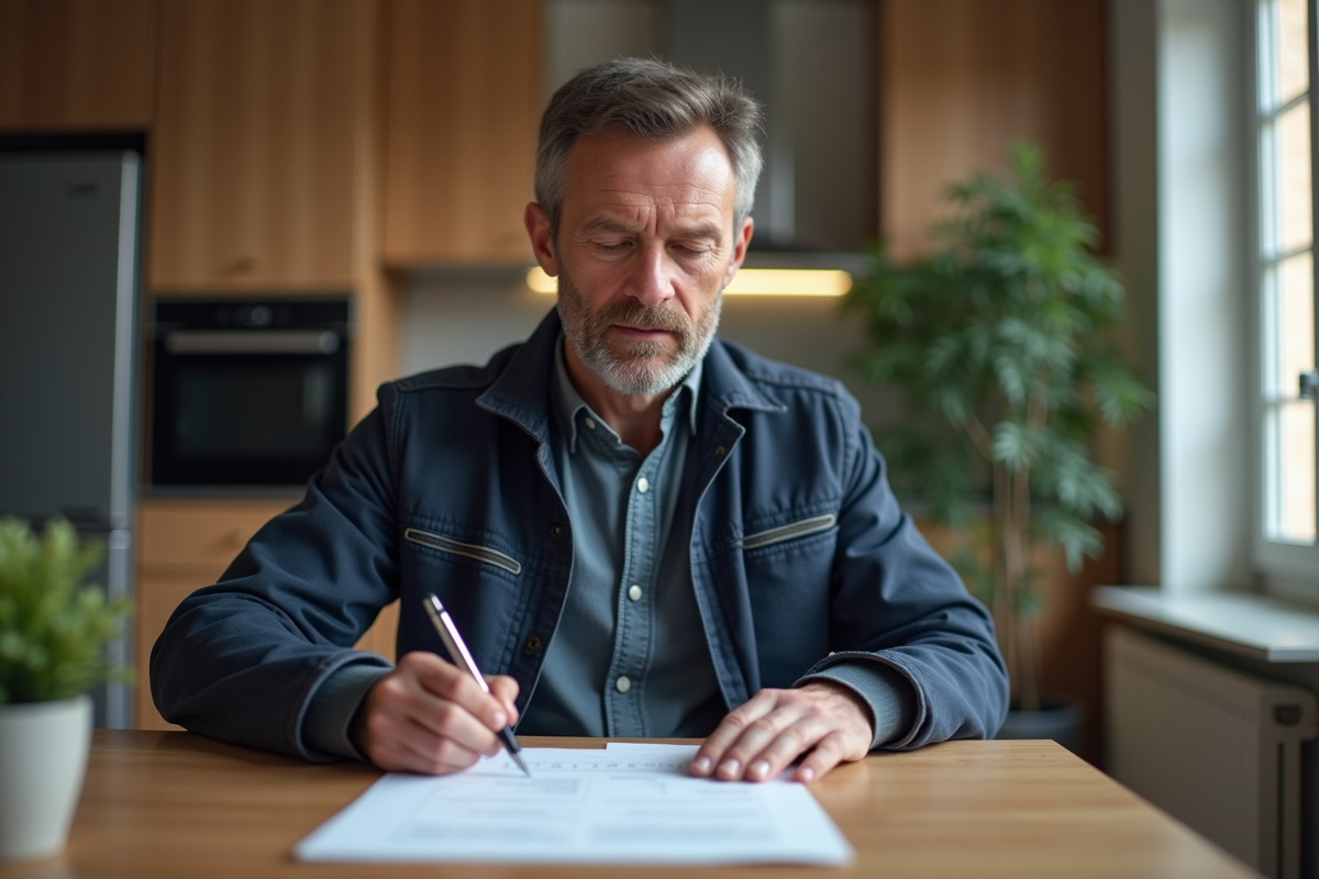 Homme français concentré remplissant un papier d'assurance voiture