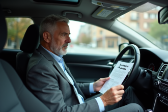 Homme inquiet dans sa voiture avec document suspension de permis