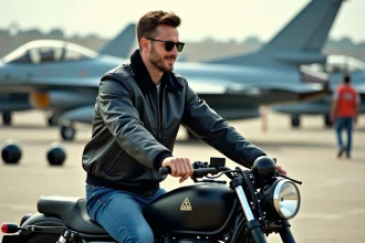 Homme en blouson noir et lunettes aviateur sur moto à la base