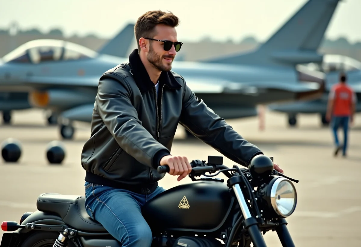 Homme en blouson noir et lunettes aviateur sur moto à la base
