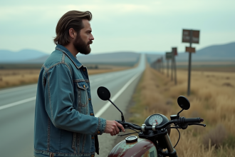 Homme barbu regarde une moto rouillée en campagne